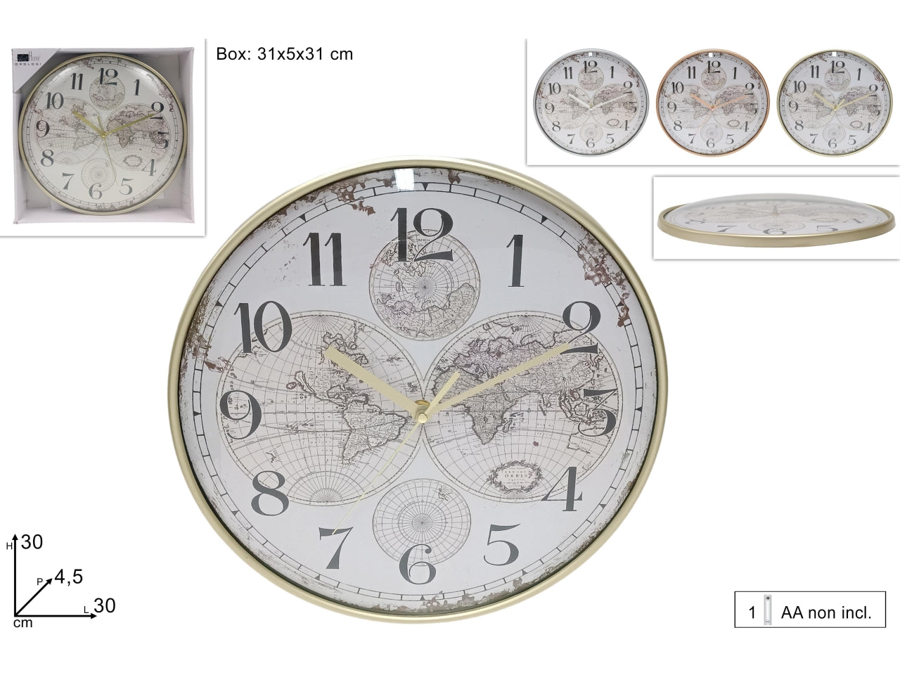 Orologio da muro tondo 30cm con mappamondo in 3 varianti di colore