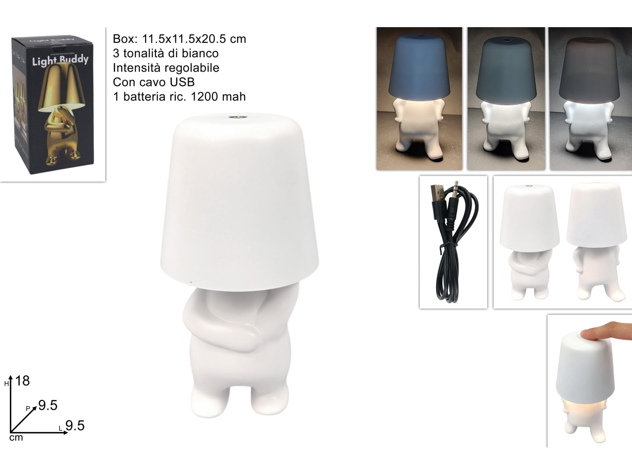 Lampada omino stilizzato 18,5cm bianco ricaricabile con cavo in 2 assortimenti