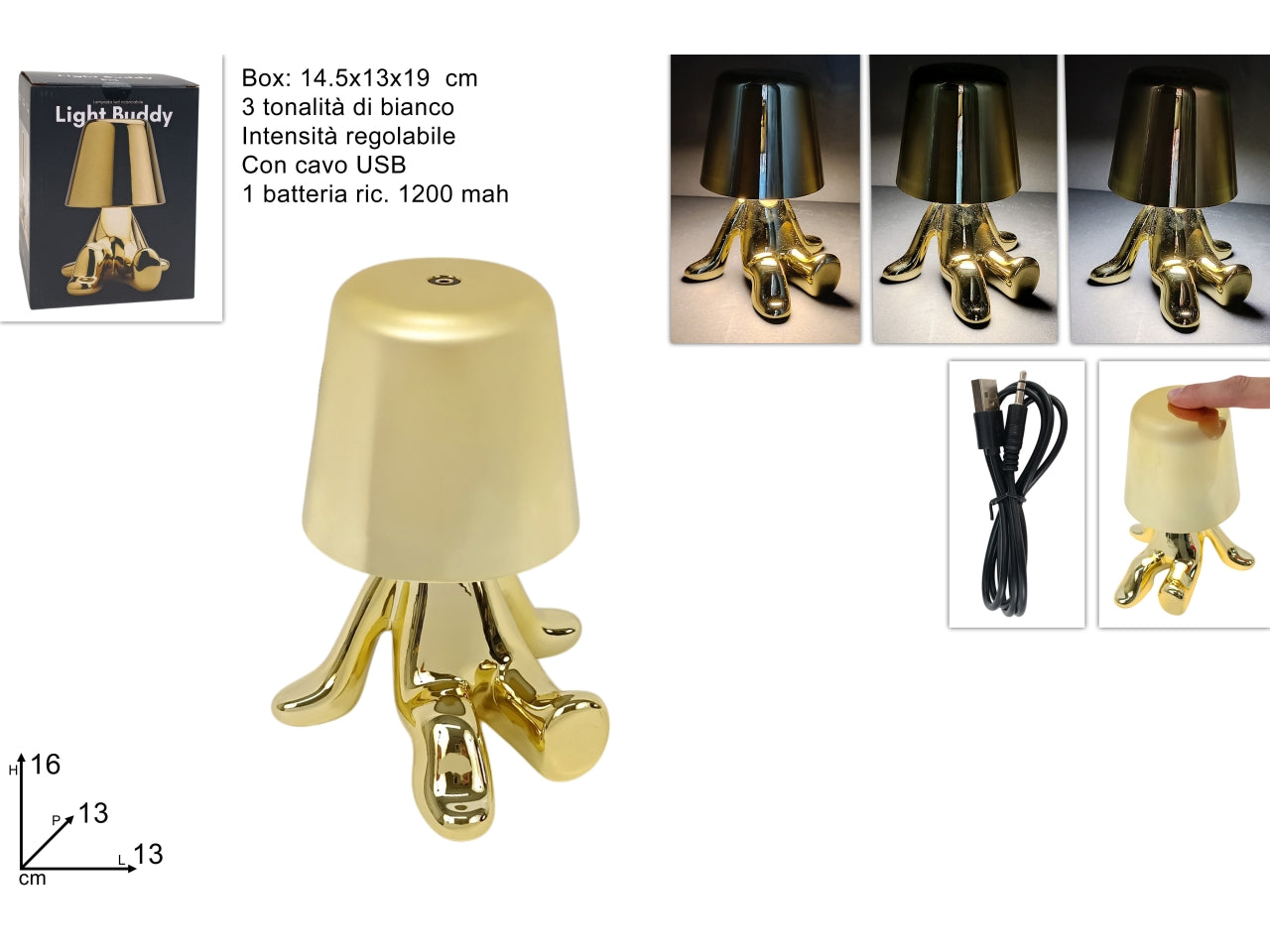 Lampada omino seduto stilizzato 16cm oro, touch ricaricabile con cavo