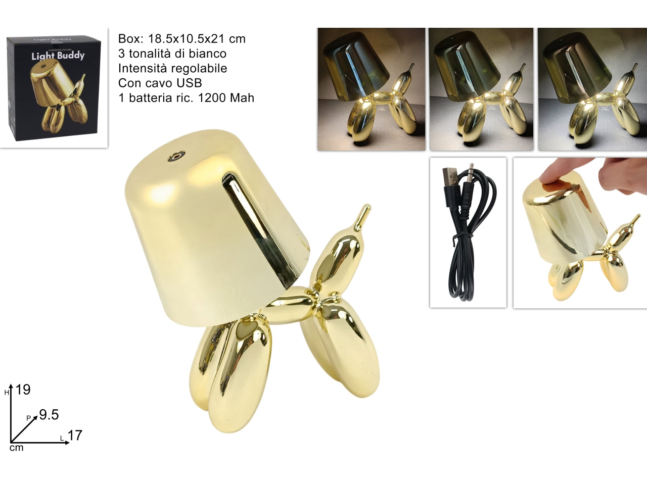 Lampada cane stilizzato oro touch ricaricabile con cavo