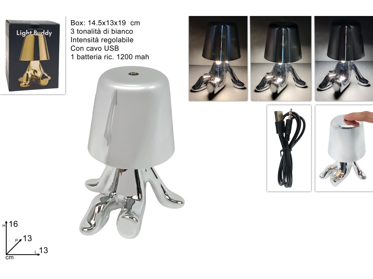 Lampada omino stilizzato silver touch ricaricabile con cavo