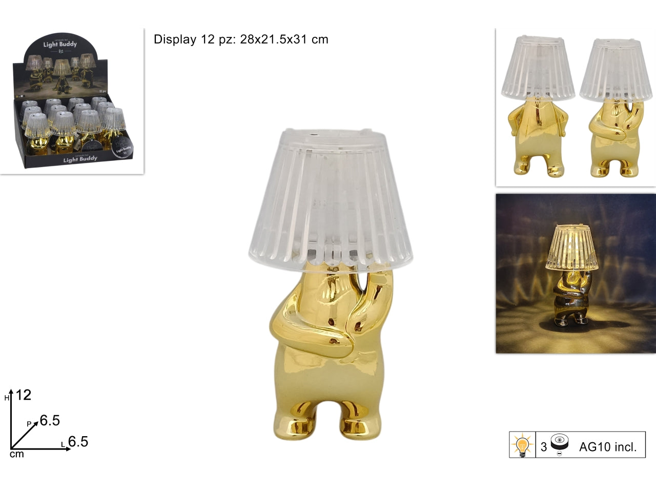 Lampada omino stilizzato oro a batteria, 2 assortimenti