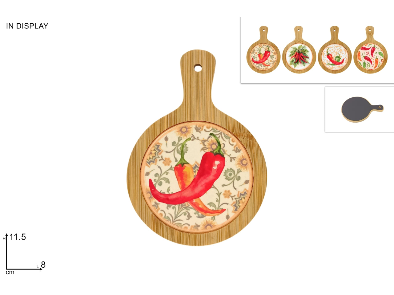 Magnete tagliere tondo decorato con peperoncini in 4 varianti assortiti