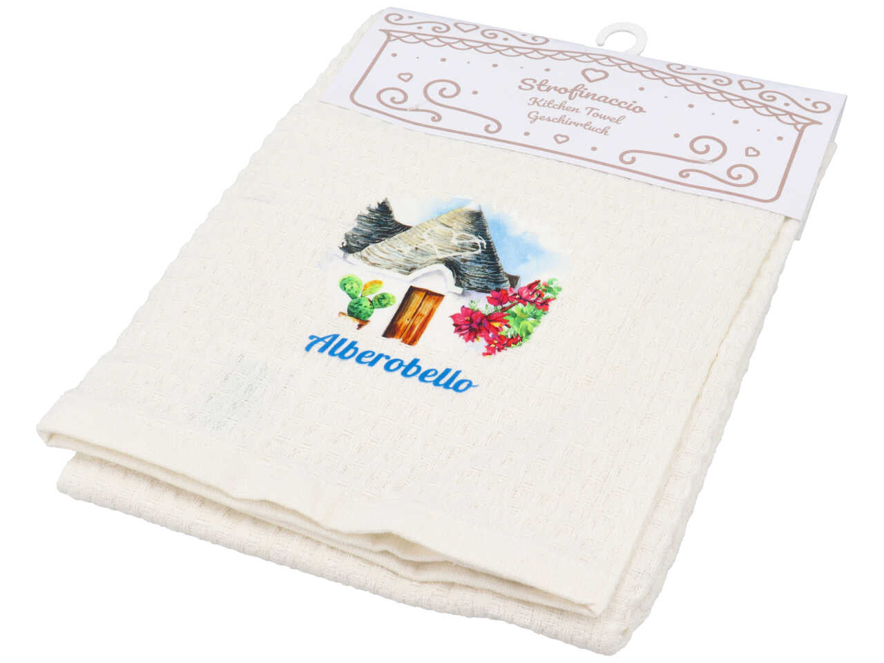 Strofinaccio cotone bianco stampa puglia alberobello