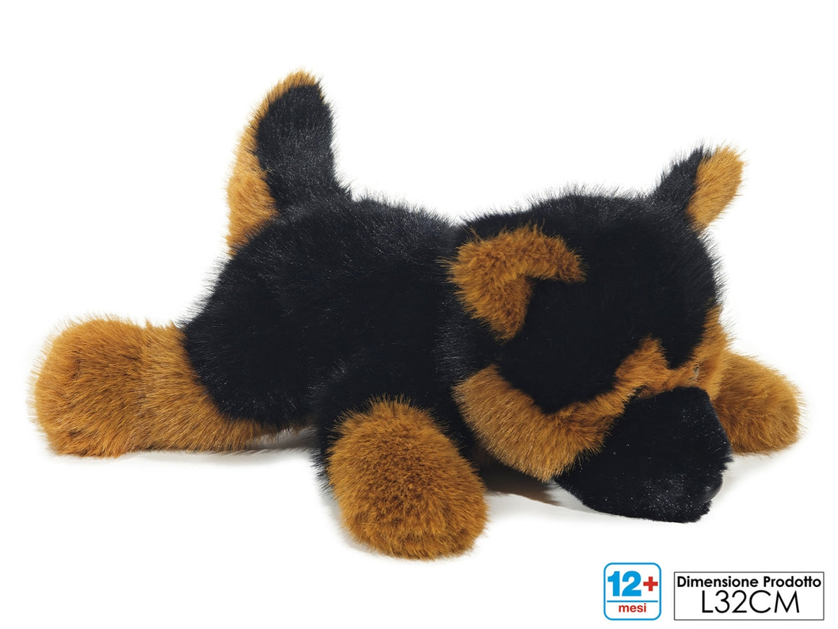 Peluche cane marrone c/nero steso 32x23xh18cm
