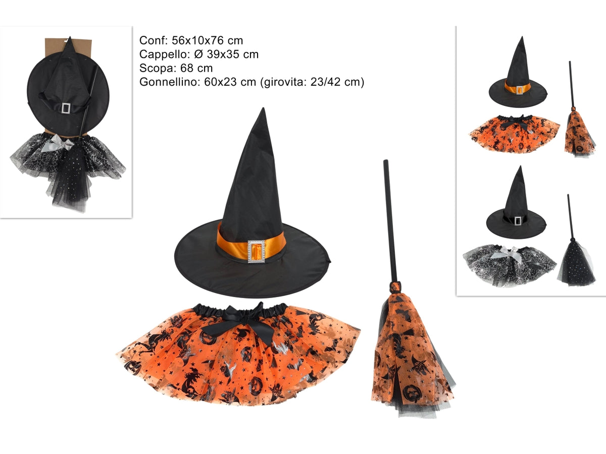 Gonnellino strega con cappello e scopa in 2 colori assortiti
