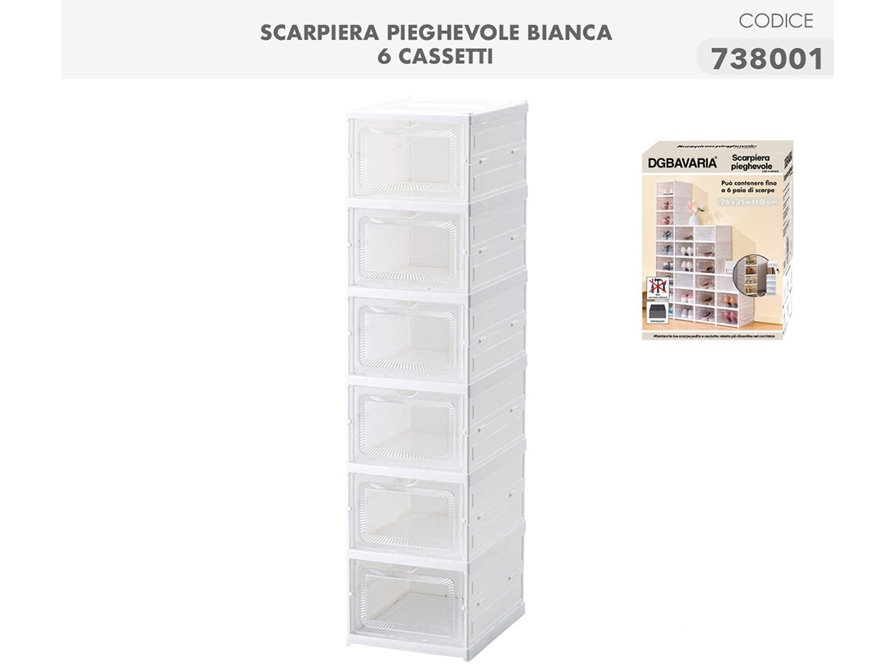 Scarpiera pieghevole 26X35X110cm colore bianco con 6 cassetti