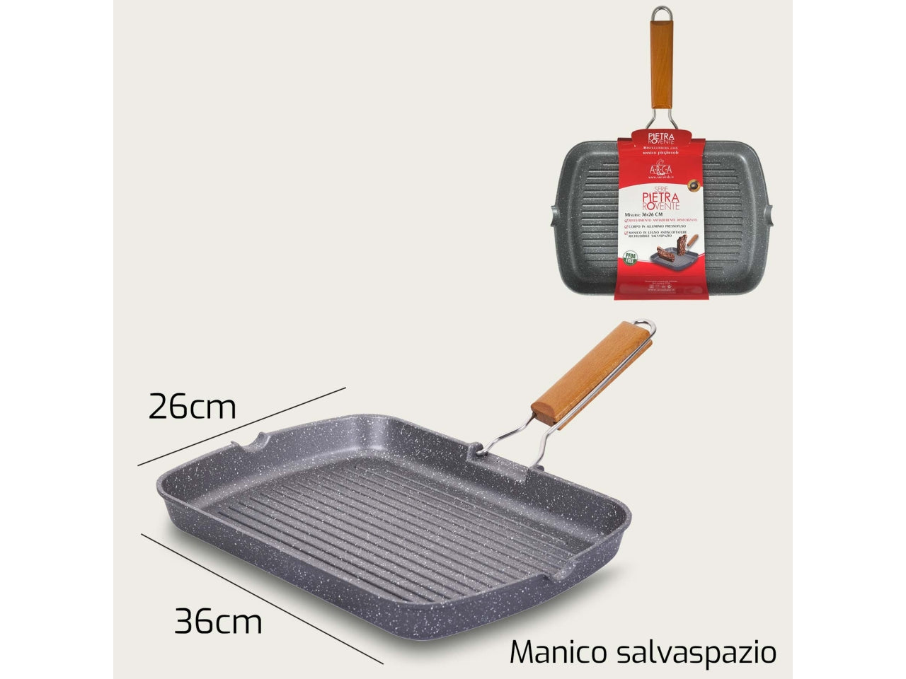 Bistecchiera Rovente in alluminio pressofuso 36x26xh.4cm con manico pieghevole