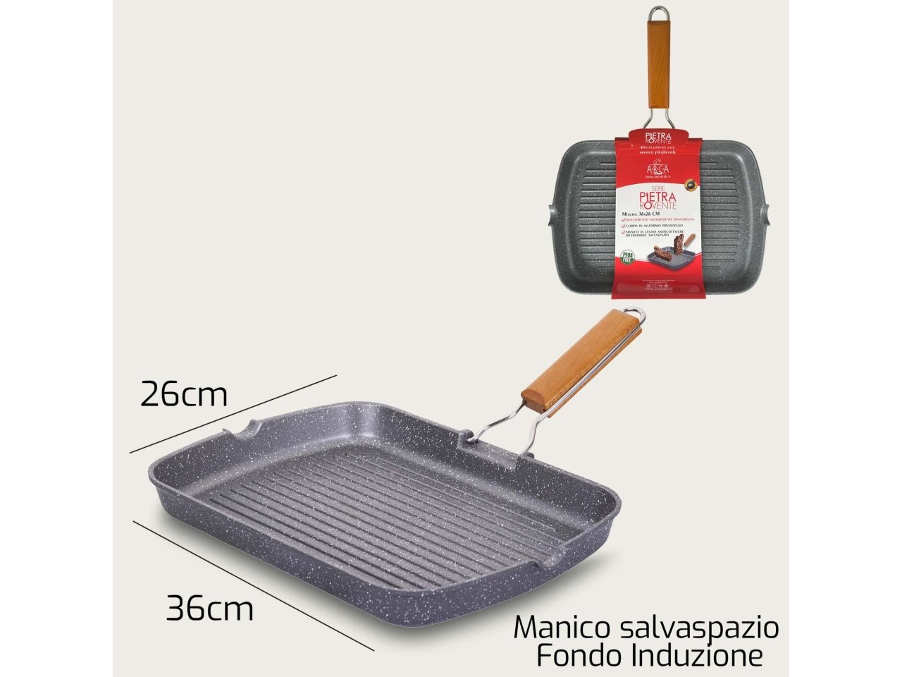 Bistecchiera Rovente in alluminio pressofuso 36x26xh.4cm con fondo per piani induzione e manico pieghevole