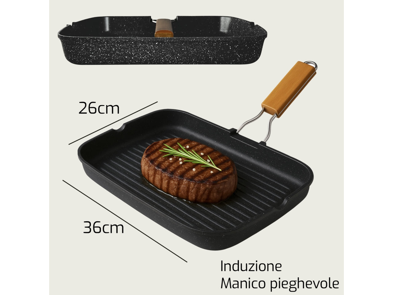 Bistecchiera Vulcania in alluminio 36x26xh.4cm con fondo per piano ad induzione e manico pieghevole