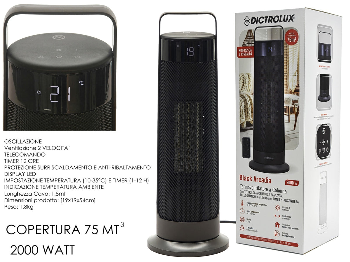 Termoventilatore a colonna Black Arcadia 2000W 19x19xh.54cm con oscillazione, 2 velocità e telecomando