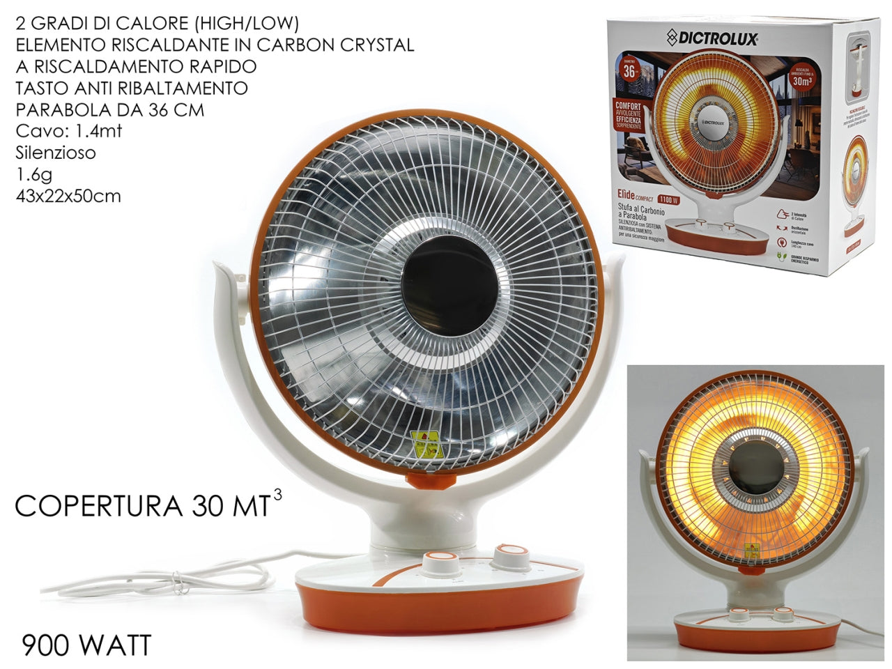 Stufa in carbonio Elìde Compact oscillante con 2 gradi di calore 1100W