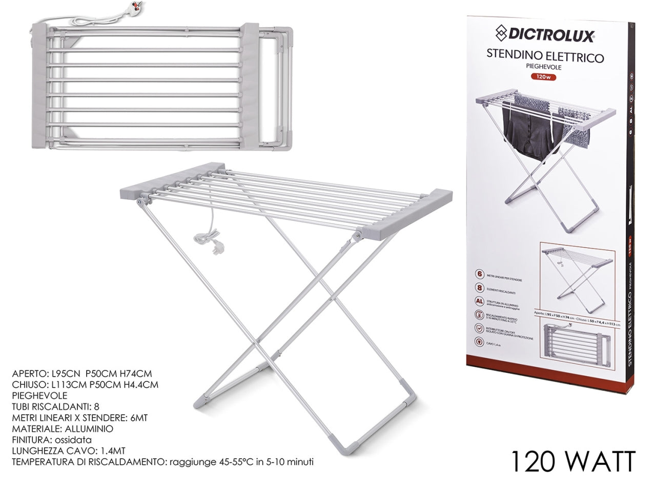 Stendibiancheria elettrico 95x50xh.74cm con 8 tubi riscaldanti 120Watt