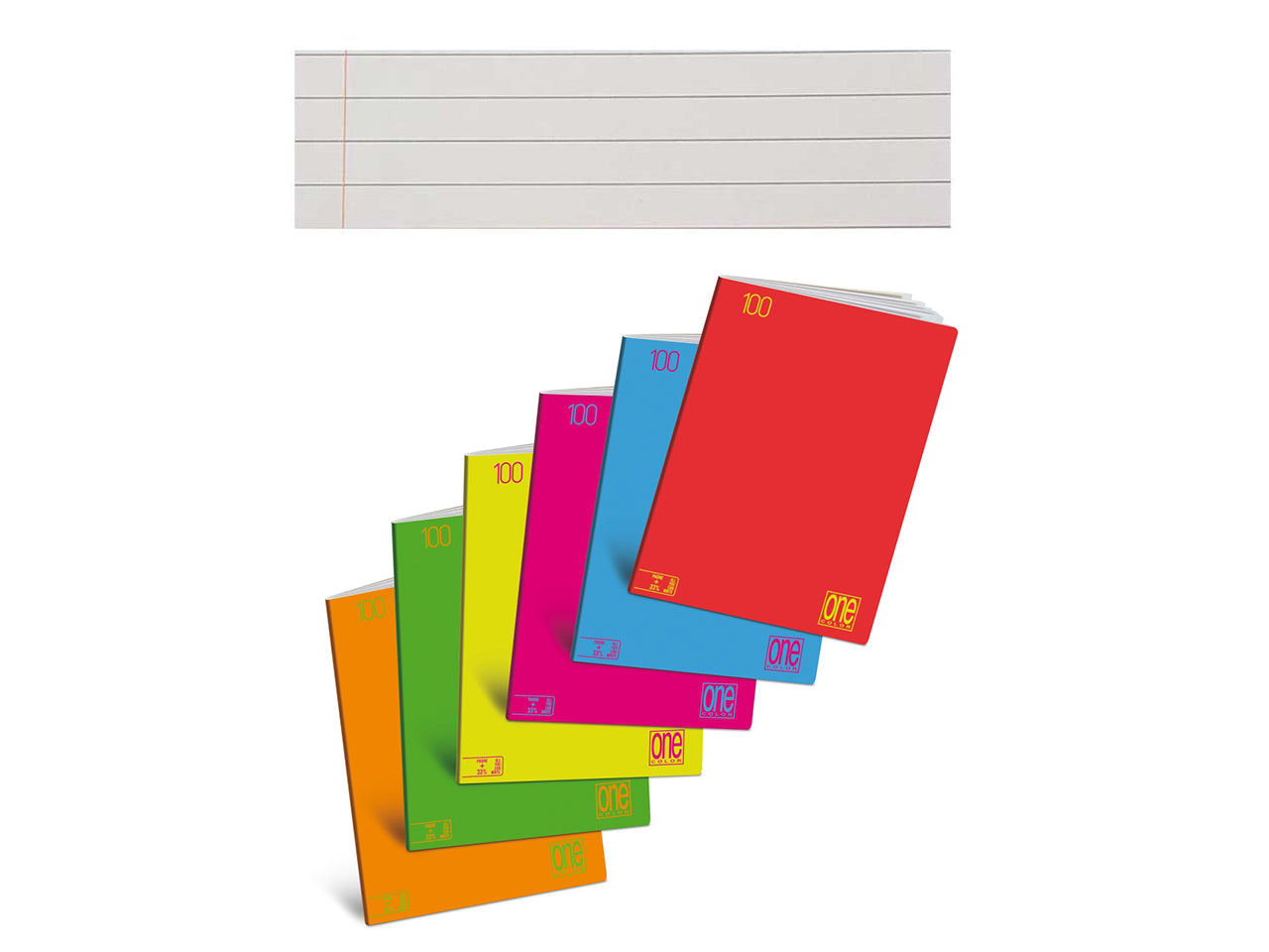 Maxi quaderni One Color Fluo rigatura C con margine ad alta fogliazione 24+1, 96 facciate da 100gr e copertina 240gr in confezione da 10 maxi di colori assortiti