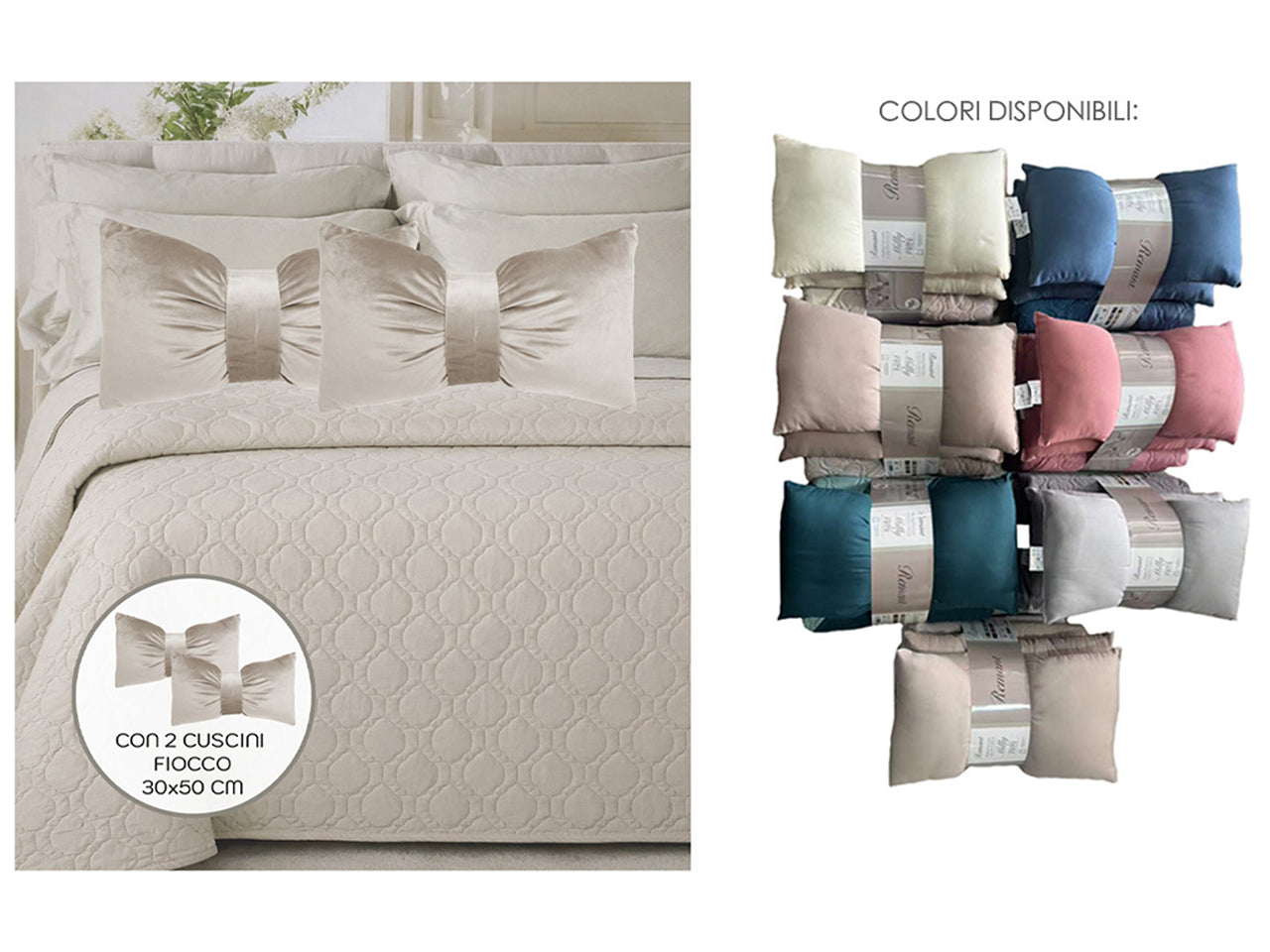 Trapunta matrimoniale 240x240cmdoppia faccia con cuscino fiocco in 14 colori assortiti