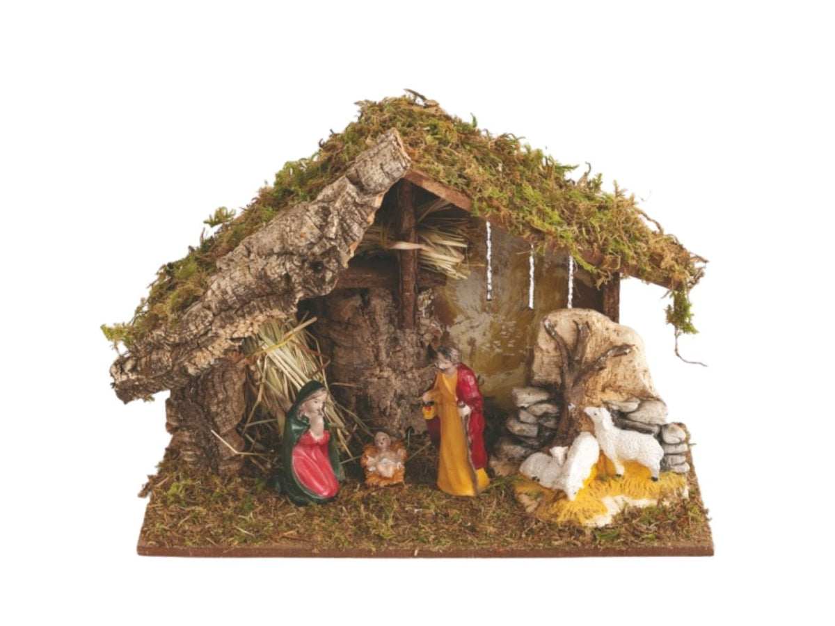 Capanna per presepe in legno con natività in resina 35x16x24cm 3 figure