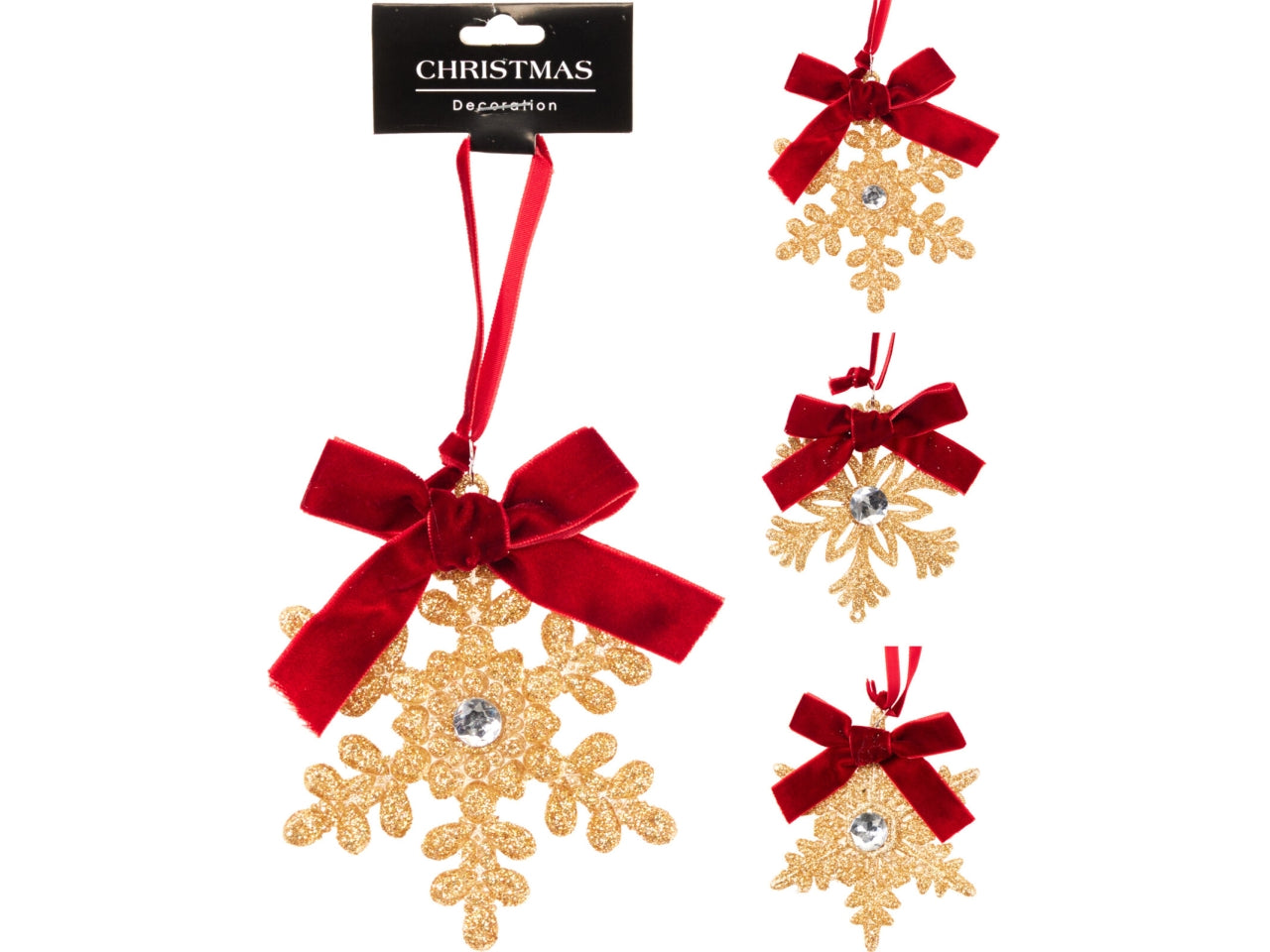 Appendino natalizio fiocco di neve 10cm oro per albero, 3 fantasie assortite