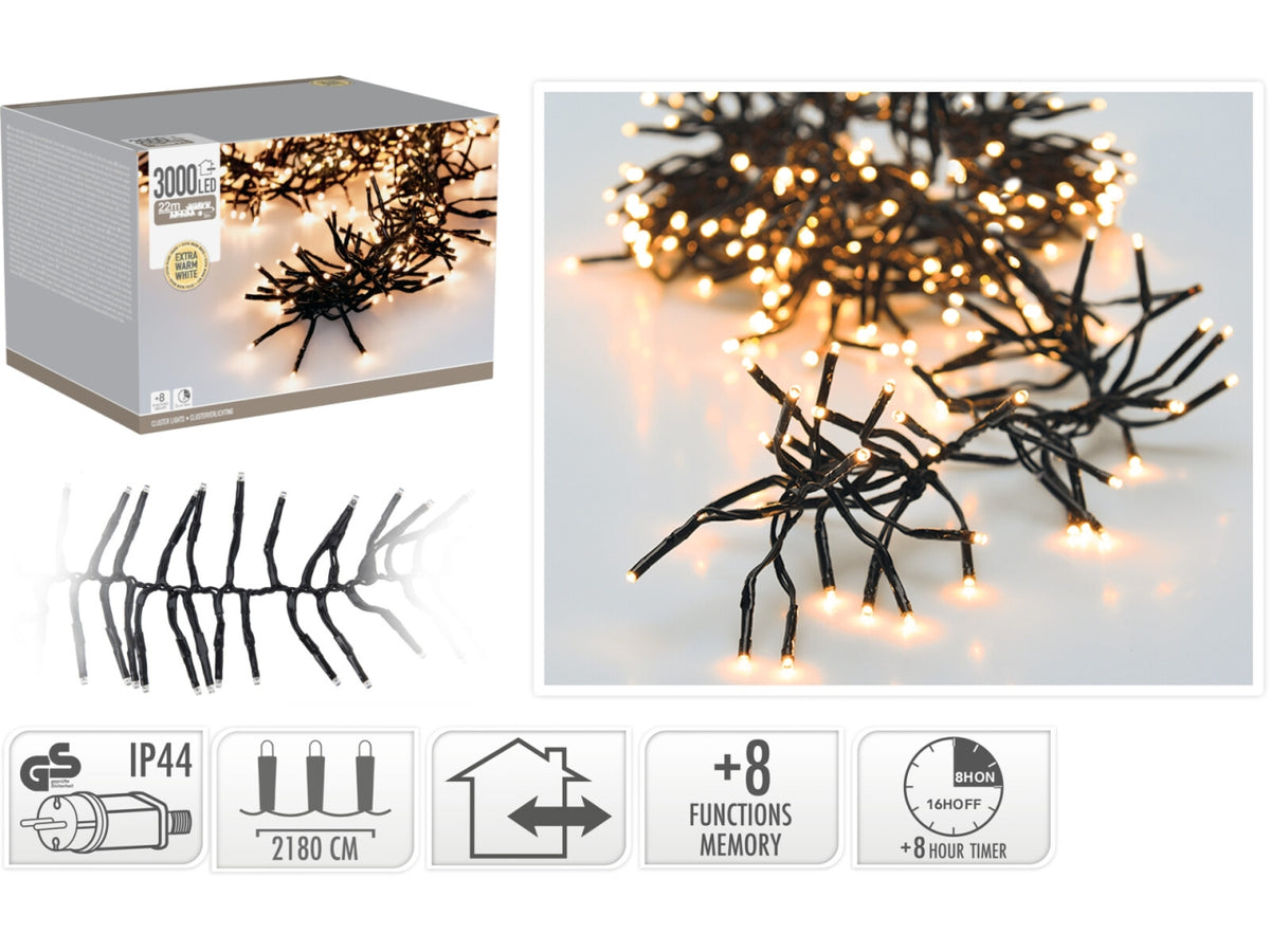 Catena luci natalizia 3000led bianco extra caldo con giochi di luce, uso interno/esterno