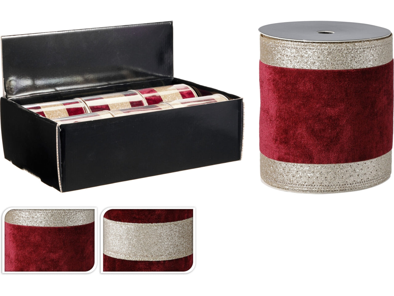 Nastro natalizio 10cmx4,57mt burgundy, 2 fantasie assortite