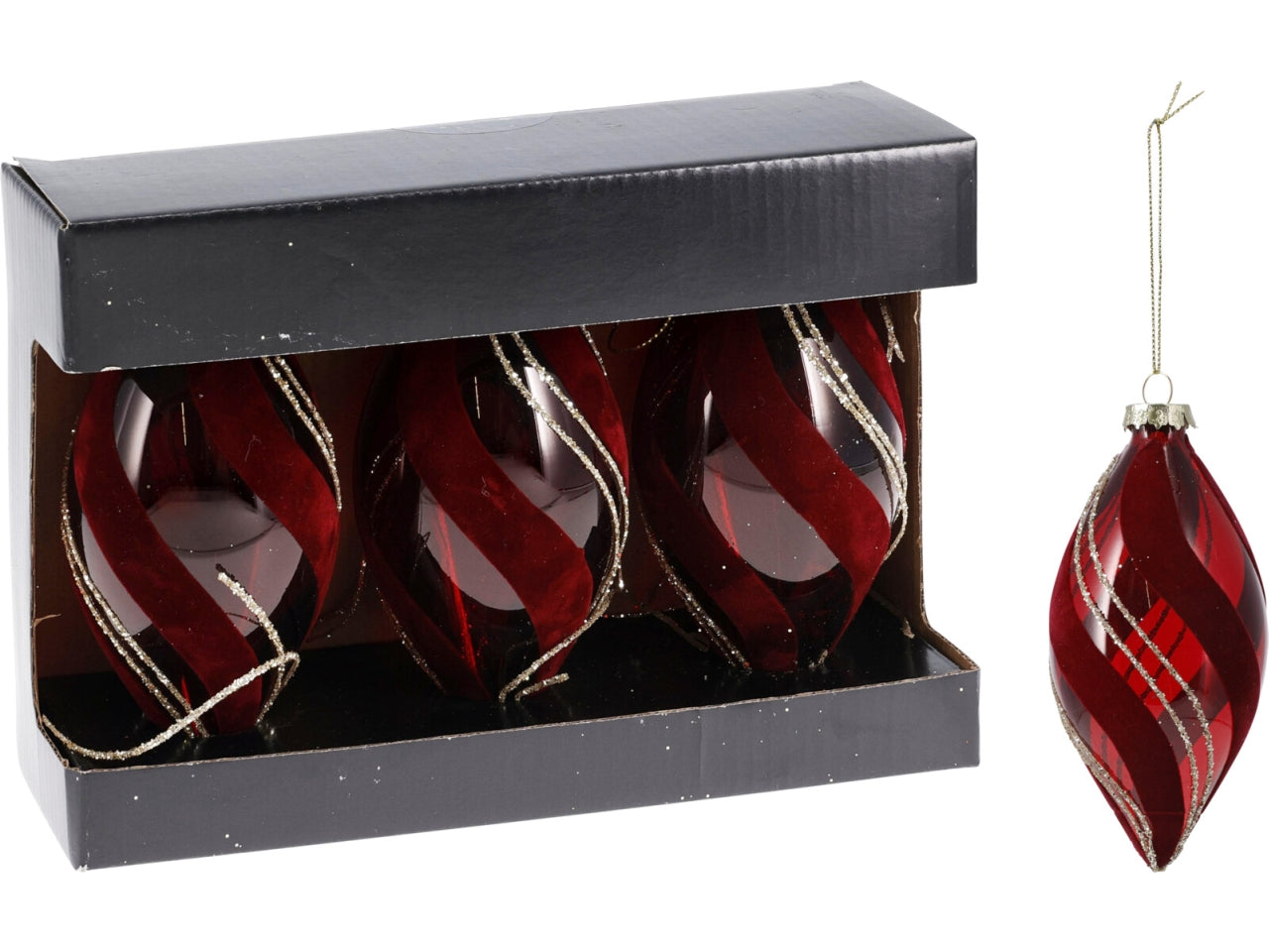 Palla goggia natalizia in vetro 13cm per albero, set da 3 palle bordeaux