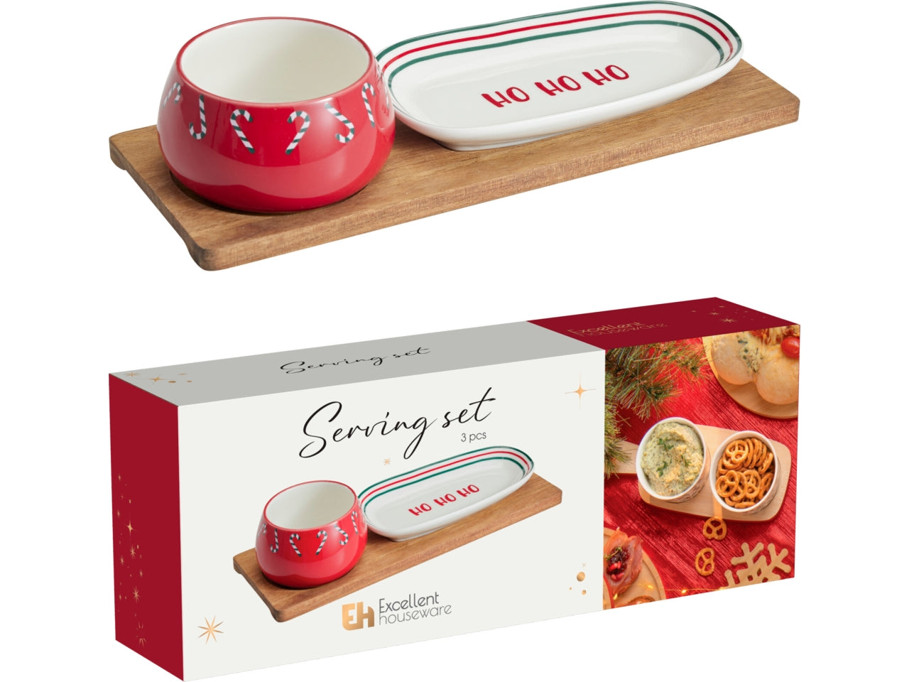 Antipastiera ceramica con base legno, set 3 pezzi