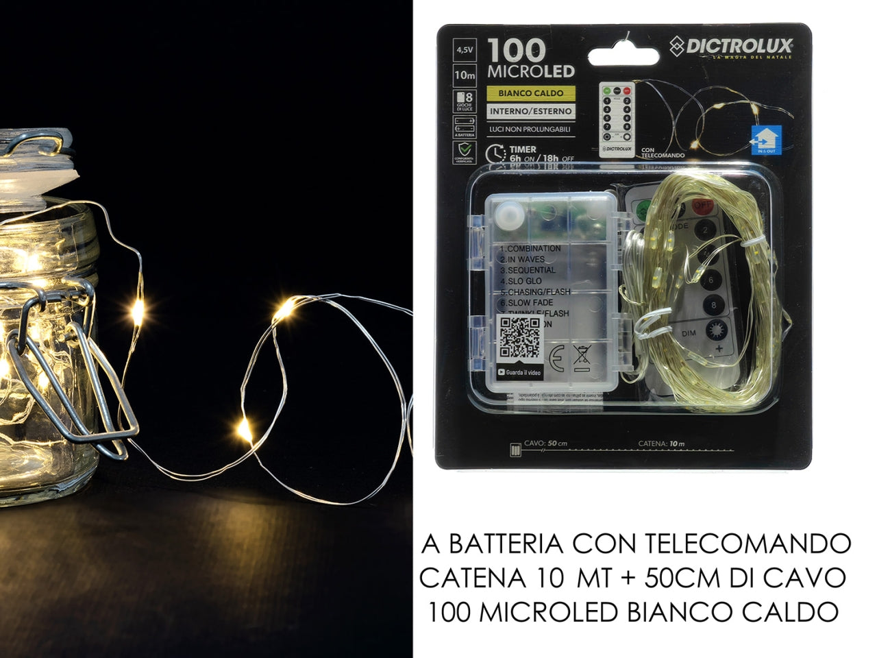 Filo metallico con 100 mini led bianco caldo da 10mt a batteria con telecomando