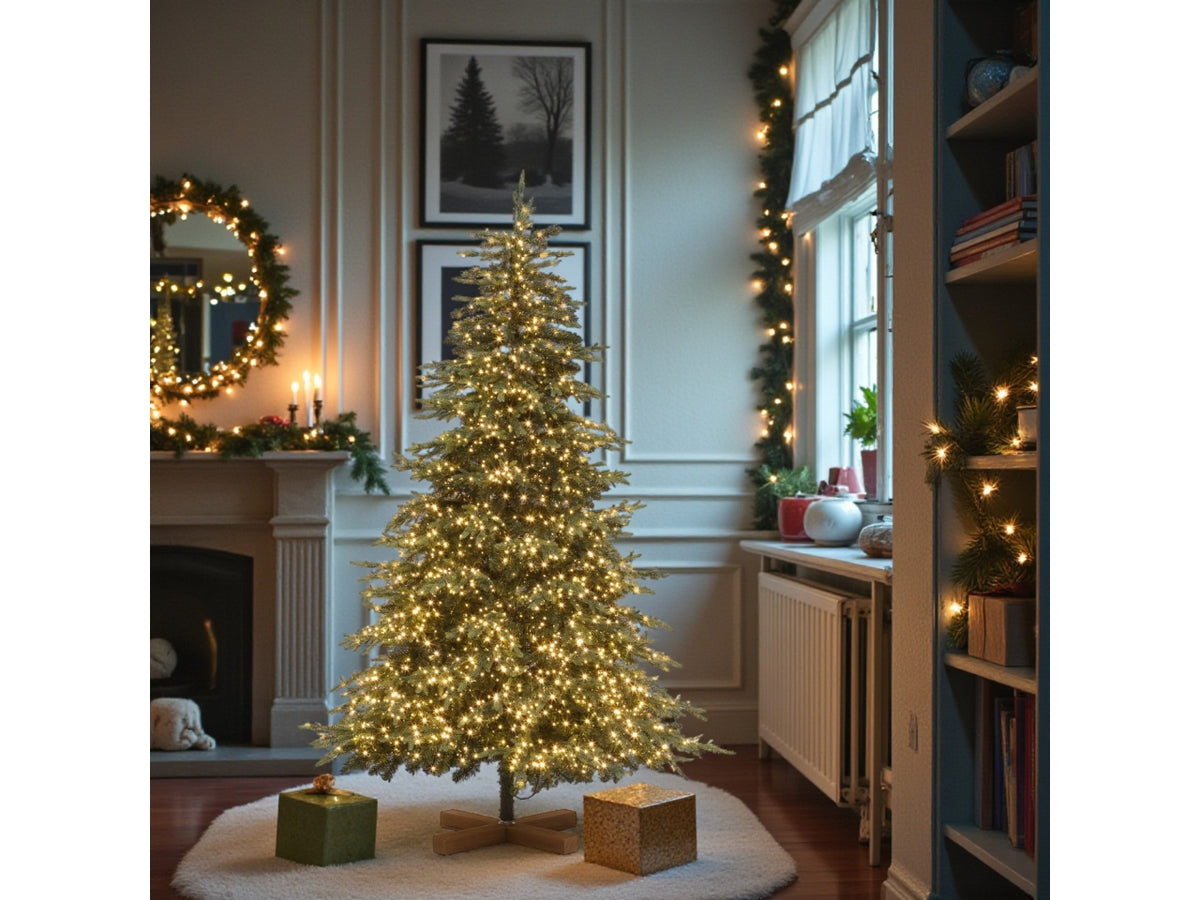 Albero di natale pino deluxe Prelit h195cm con 2950 miniled bianco caldo, 2514 punte in PE+PVC diametro 120cm apertura ad ombrello