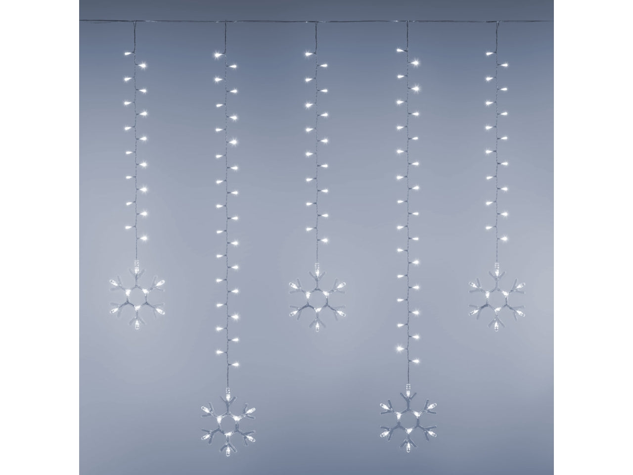 Tenda luci 600 led bianco e 20 fiocchi di neve con giochi di luce, telecomando, cavo trasparente 500xh.105cm per uso interno/esterno