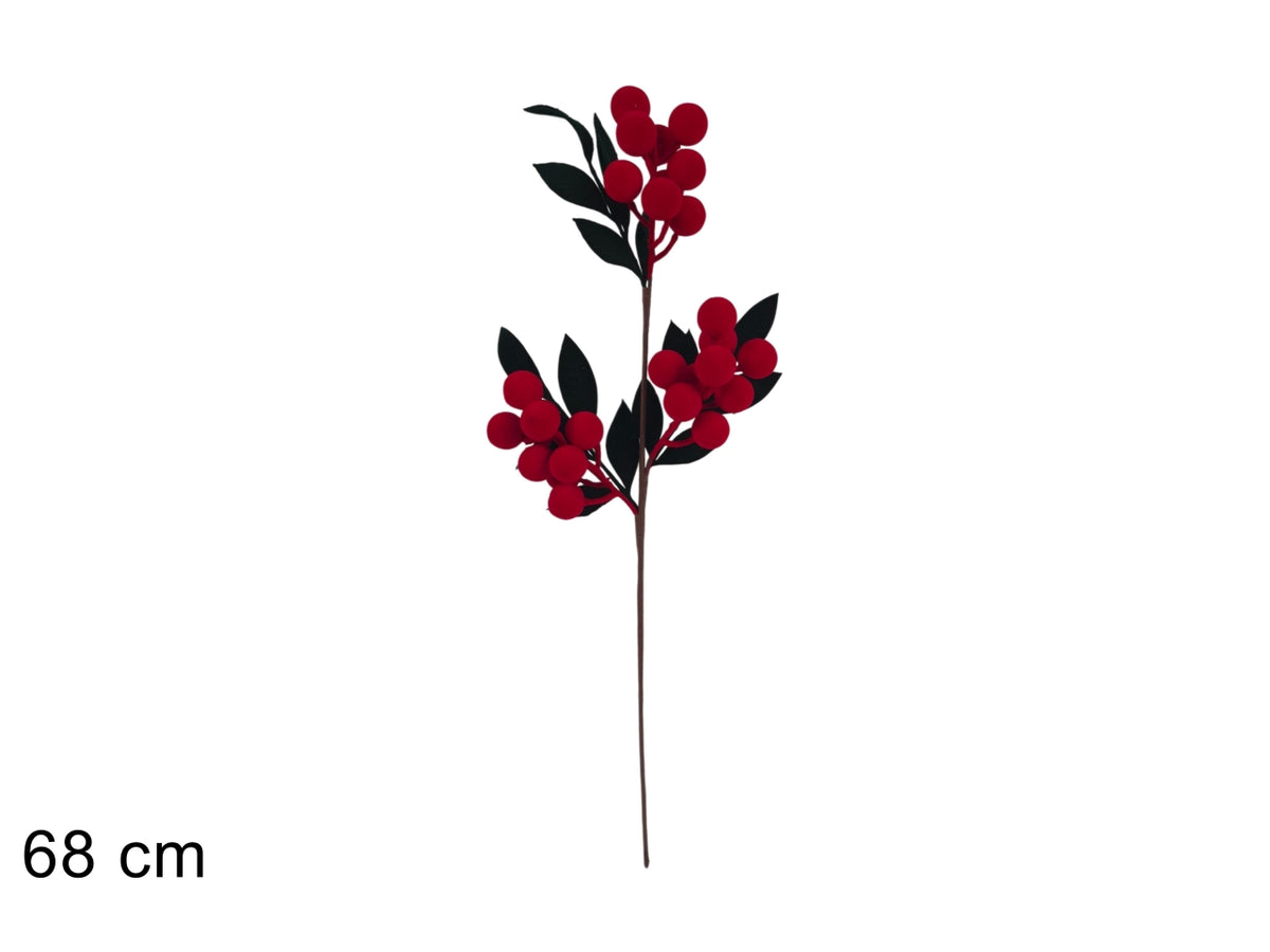 Ghirlanda 120cm con bacche in velluto rosso e foglie verdi