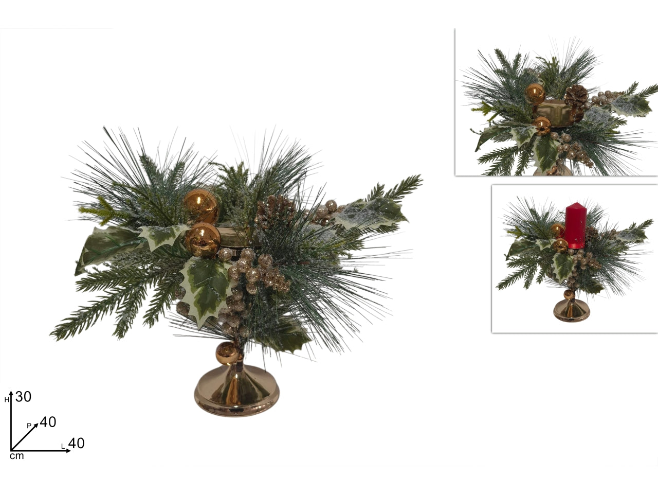 Portacandele 30cm con foglie e palline oro