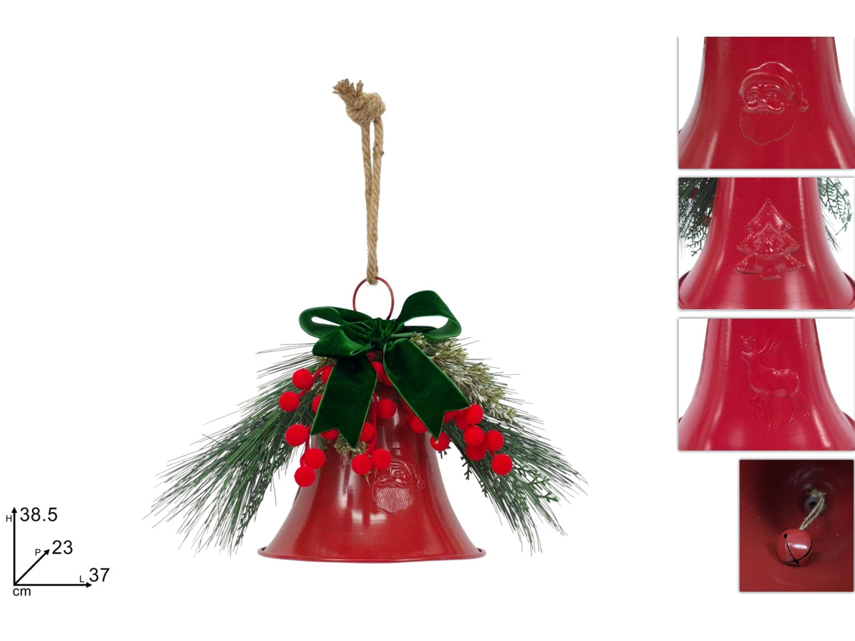 Campana 38,5cm rossa con fiocco verde e bacche