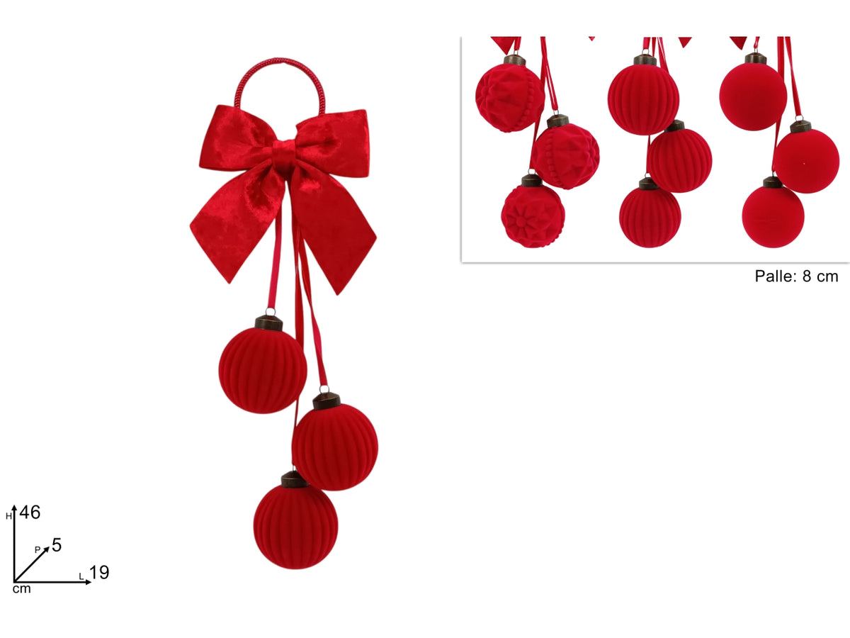 Appendino natalizio con 3 palline da 8cm effetto velluto rosso e fiocco, 3 assortimenti