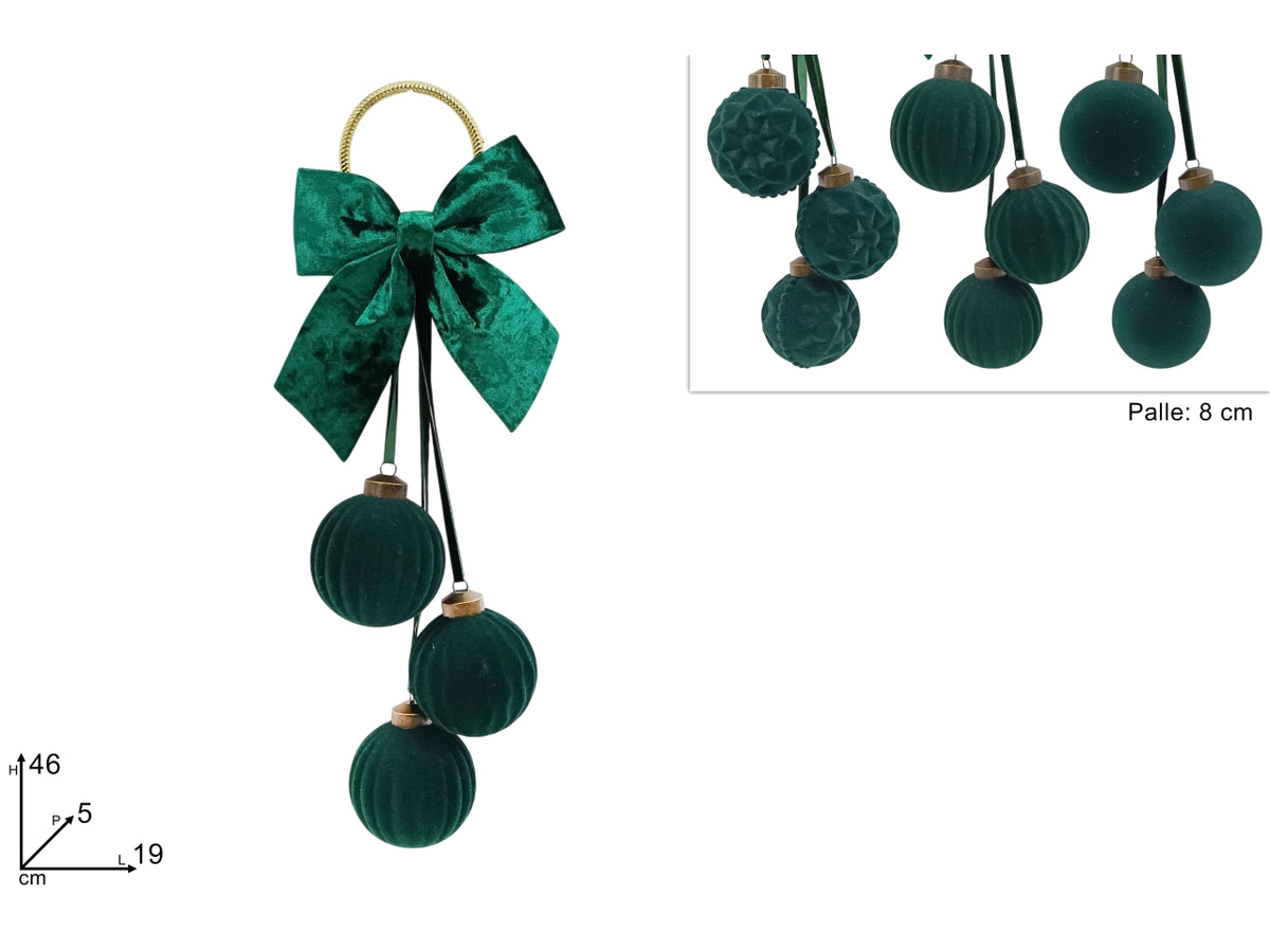 Appendino natalizio con 3 palline da 8cm effetto velluto verde e fiocco, 3 assortimenti