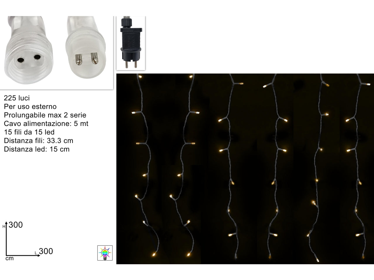 Tenda luminosa flash maxi 225 led, 3x3mt, prolungabile, bianco caldo