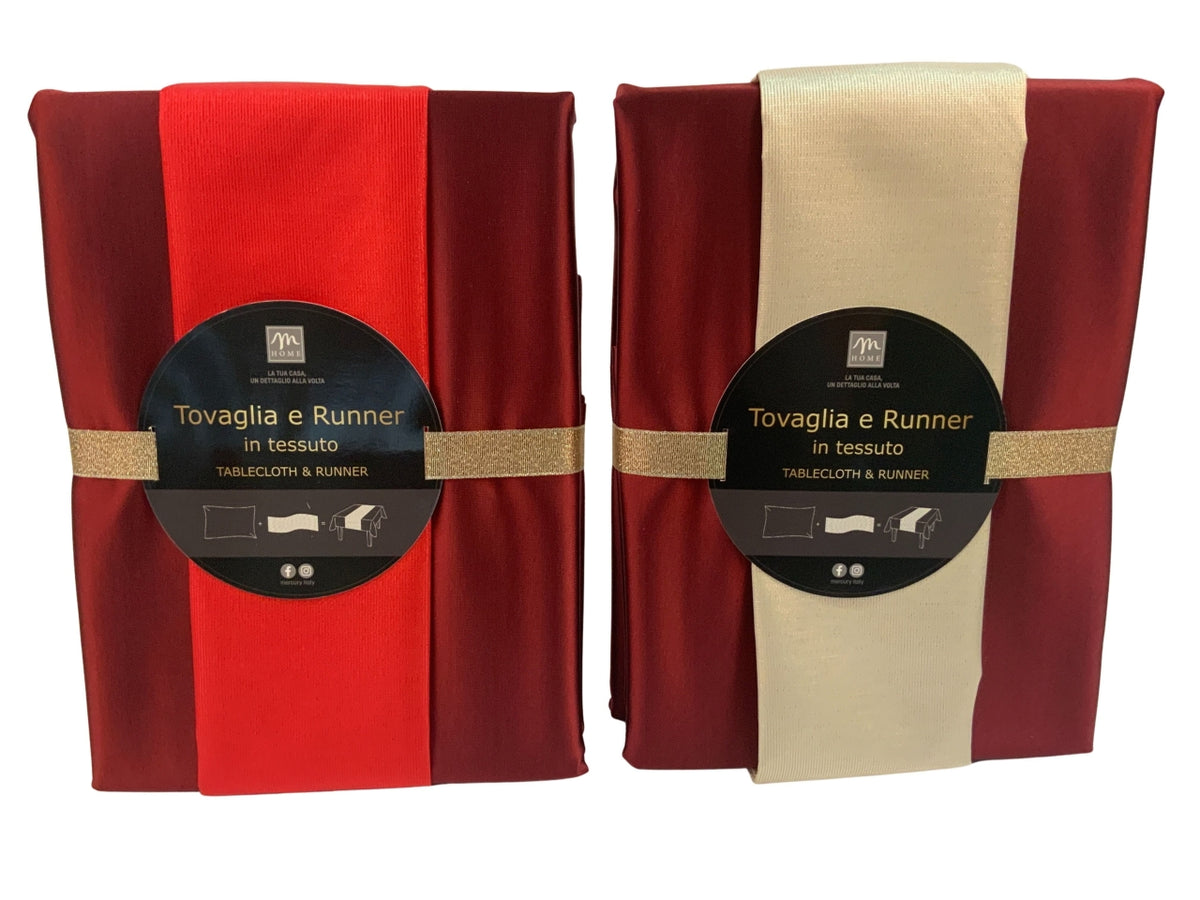 Tovaglia 140x240cm rossa in poliestere con runner 33x240cm 23x2,5xh.32cm colori assortiti