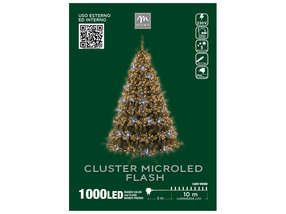 Catena luci Petardo con 1000 microcluster bianco caldo con flash bianco freddo su filo verde 31v 6w l.10mt, uso interno/esterno