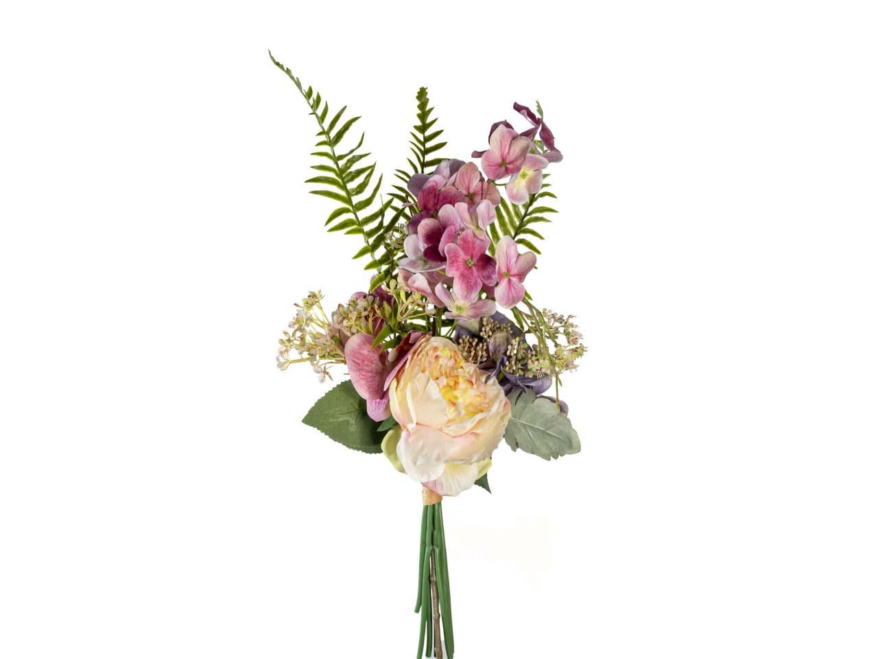 Bouquet primaverile con peonia, ortensia e orchidea rosa crema