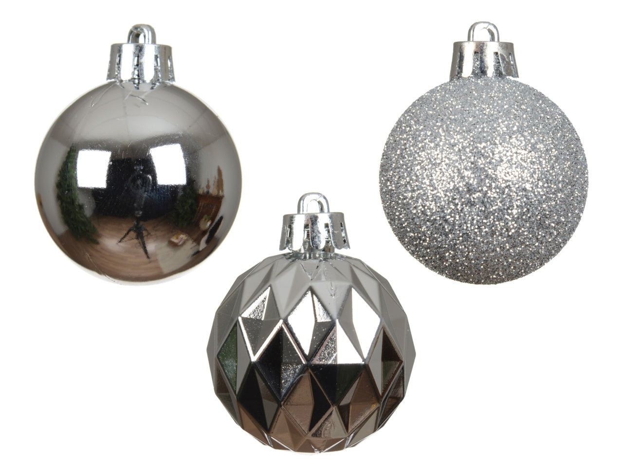 Palla di Natale 4cm in confezione da 18 pezzi argento lucida, opaco, glitterata