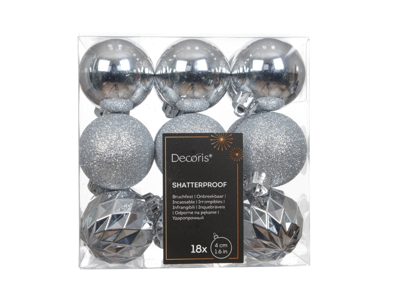 Palla di Natale 4cm in confezione da 18 pezzi argento lucida, opaco, glitterata