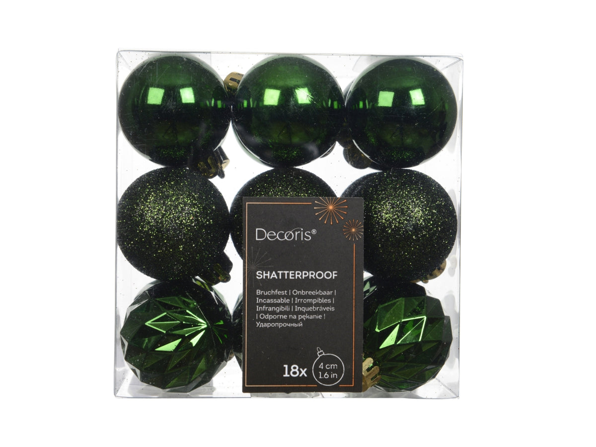 Palla di Natale 4cm in confezione da 18 pezzi verde lucida, opaco, glitterata
