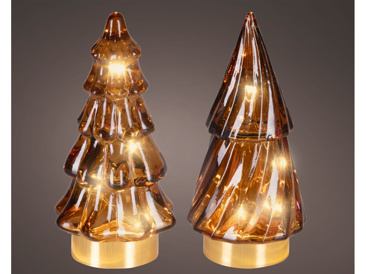 Albero di natale in vetro 12,8cm marrone con led bianco caldo in 2 assortimenti