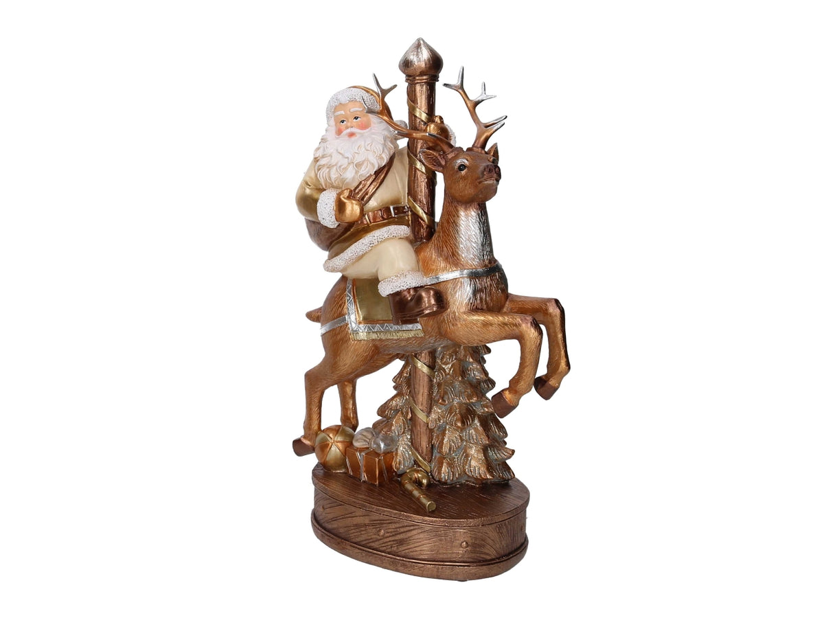 Babbo Natale in resina con renna bianco e oro 19,5x12xh.33,5cm