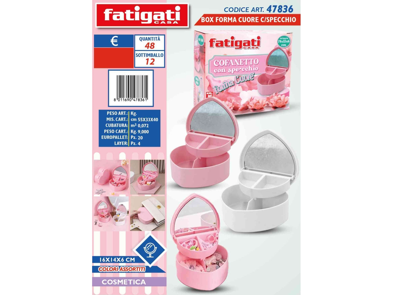 Box forma cuore con specchio 16x14x6cm
