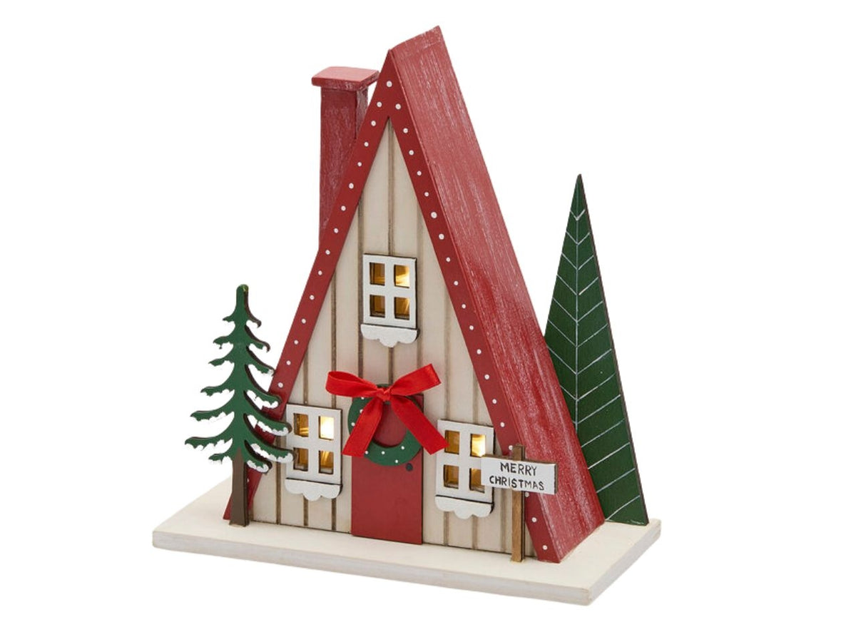 Casetta in legno colore bianco e rosso 22x10,5xh.24cm a batteria con led