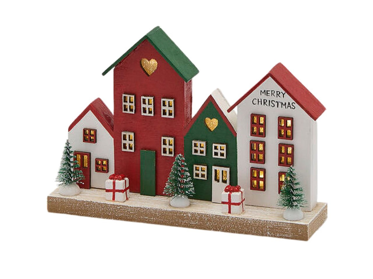Paesaggio casette in legno 19,5x4,5xh.12cm rosso mix a batteria con led