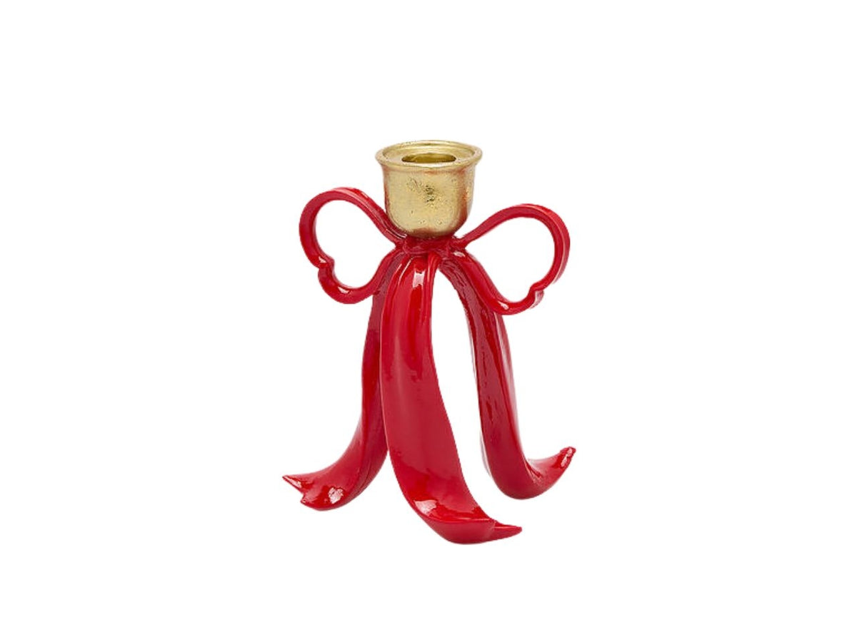 Portacandela fiocco 16cm in poliresina rosso e oro