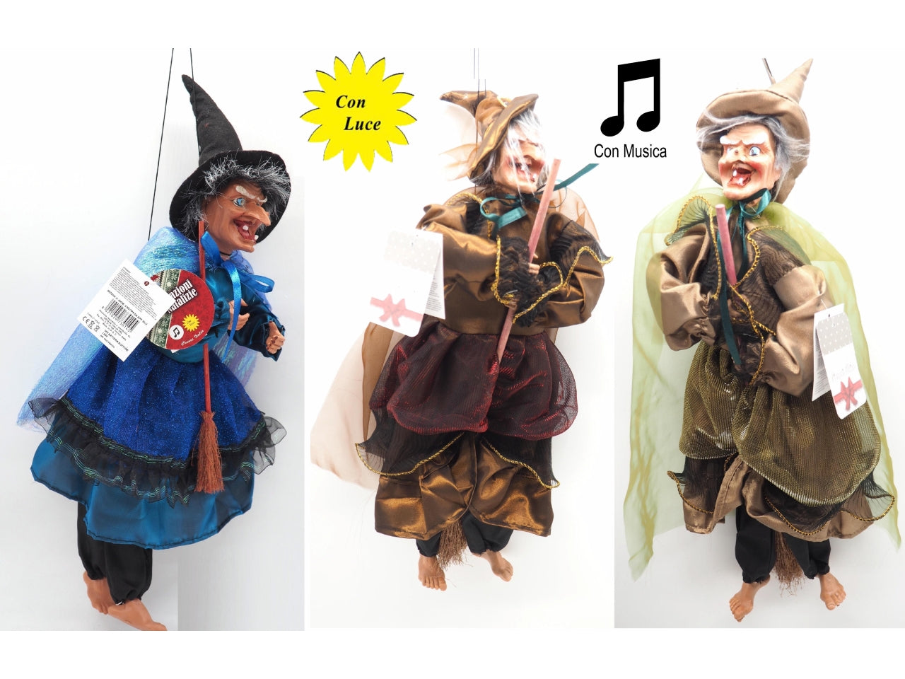 Befana volante 40cm con scopa, musica e luce, colori assortiti