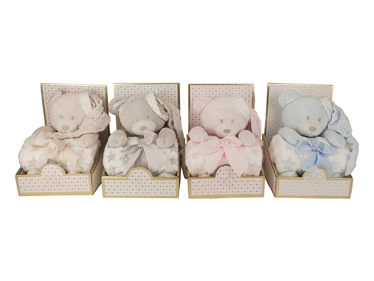 Set plaid 75x100cm con orso peluche 25cm in 2 colori assortiti