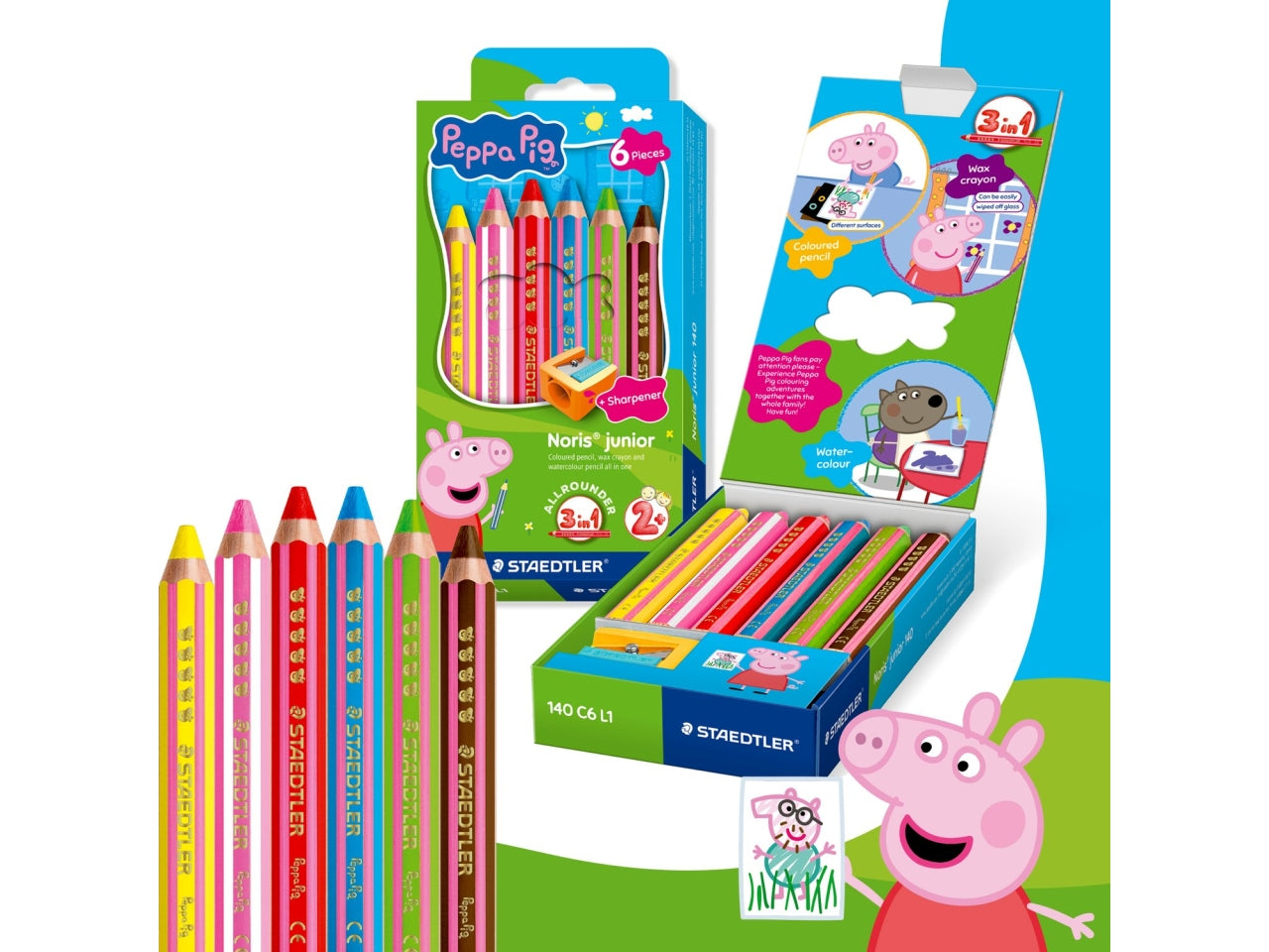 Noris junior matitone 3 in 1 peppa pig d.9,5mm astuccio con 6 pezzi colori assortiti