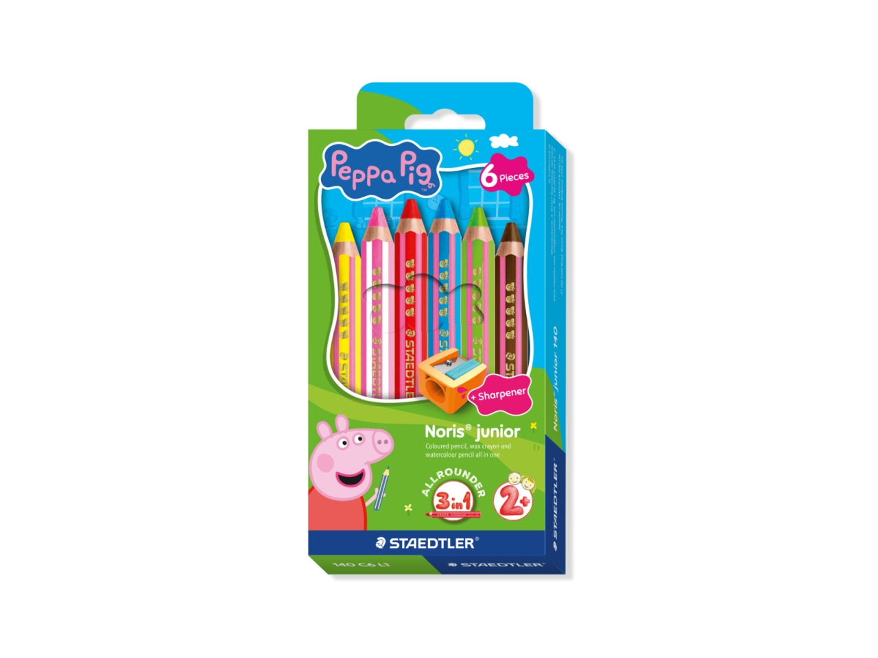 Noris junior matitone 3 in 1 peppa pig d.9,5mm astuccio con 6 pezzi colori assortiti